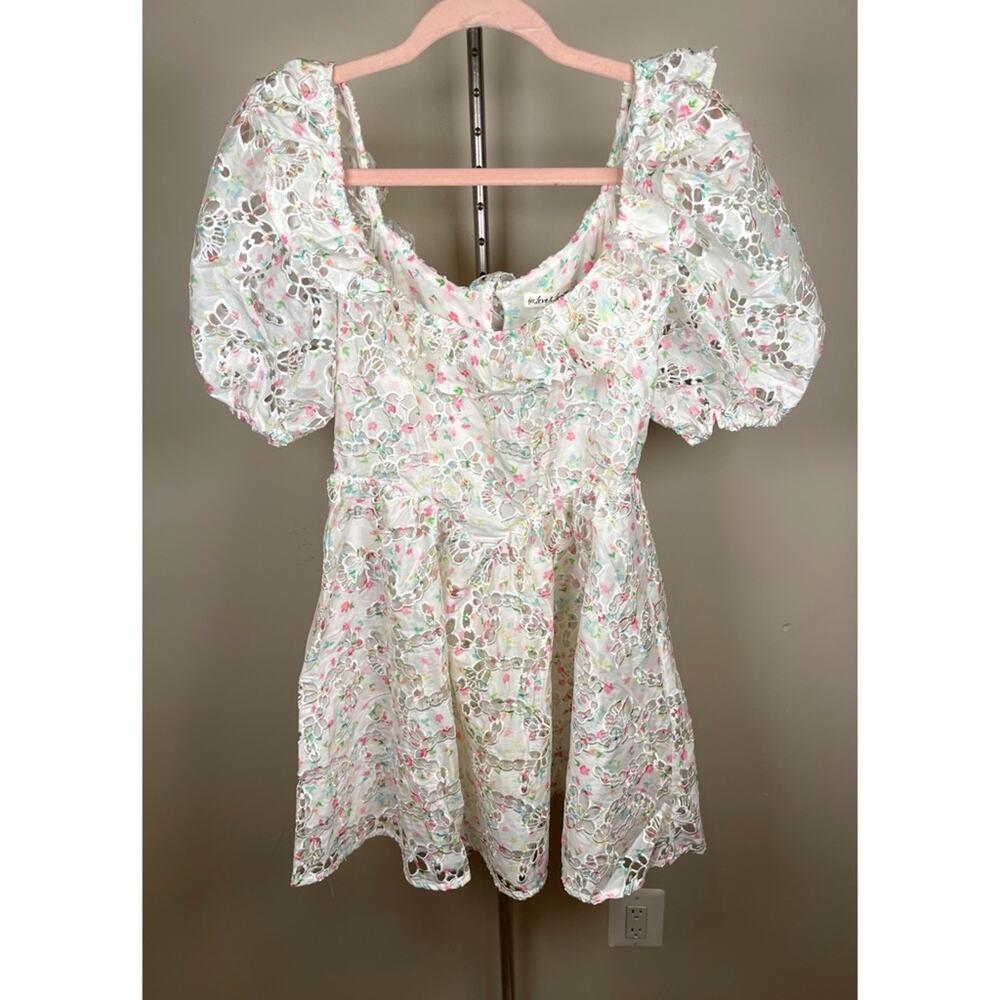 FOR LOVE & LEMONS Magnolia Floral Eyelet Ruffle Puff Sleeve Mini Dress Size XS - Picture 4 of 10